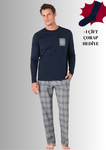 %100 Pamuklu Bisiklet Yaka Uzun Kol Düz Paça Pijama Takımı (Çorap Hediyeli)
