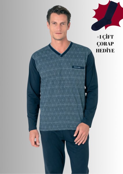 %100 Pamuklu V Yaka Uzun Kol Düz Paça Jakarlı Pijama Takımı (Çorap Hediyeli)