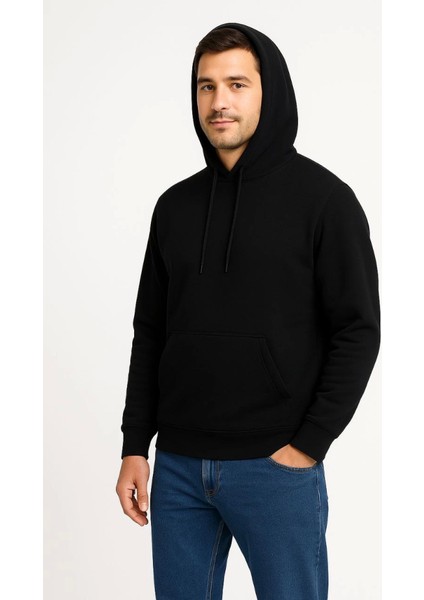 Erkek Üç Iplik Kapüşonlu Kanguru Cepli Sweatshirt Hoodie - Siyah