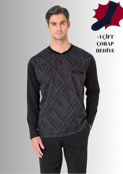 %100 Pamuklu Yarım Patlı Uzun Kol Düz Paça Jakarlı Pijama Takımı (Çorap Hediyeli)