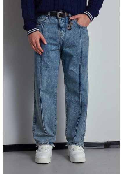 Erkek Baggy Fit Ön Dikiş Detaylı Jean Mavi