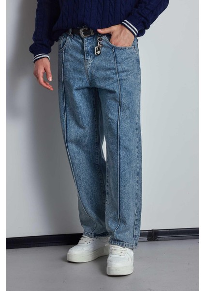 Erkek Baggy Fit Ön Dikiş Detaylı Jean Mavi fiyatları