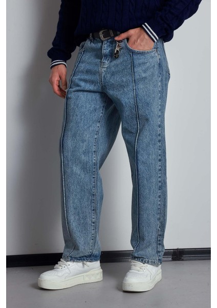 Erkek Baggy Fit Ön Dikiş Detaylı Jean Mavi modelleri