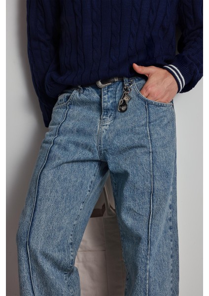 Erkek Baggy Fit Ön Dikiş Detaylı Jean Mavi fırsatları