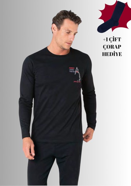 %100 Pamuklu Bisiklet Yaka Uzun Kol Düz Paça Pijama Takımı (Çorap Hediyeli)