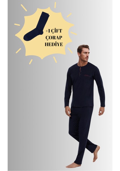 %100 Pamuklu Lacivert Kutulu Erkek Çeyiz Pijama Takımı (1 Çift Çorap Hediyeli) 6PQI5EKR6RKE5.3L