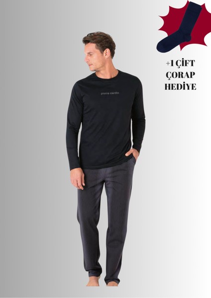 %100 Pamuklu Bisiklet Yaka Uzun Kol Düz Paça Pijama Takımı (Çorap Hediyeli)