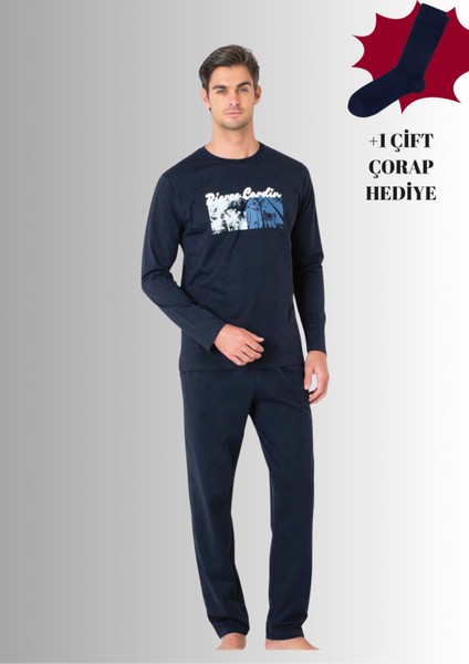 %100 Pamuklu Bisiklet Yaka Uzun Kol Düz Paça Pijama Takımı (Çorap Hediyeli)