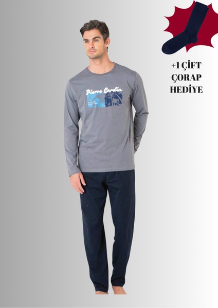 %100 Pamuklu Bisiklet Yaka Uzun Kol Düz Paça Pijama Takımı (Çorap Hediyeli)