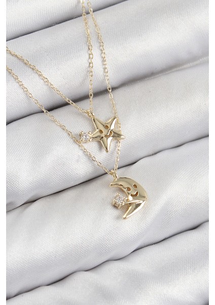 Bfs Pirinç Zirkon Taşlı Yıldız ve Ay Model Gold Renk Kadın Kolye