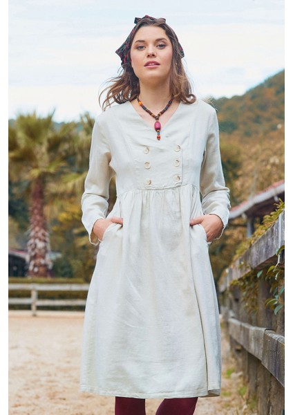 V Yaka Düğme Detaylı Fermuar Kapamalı Uzun Kollu Elbise