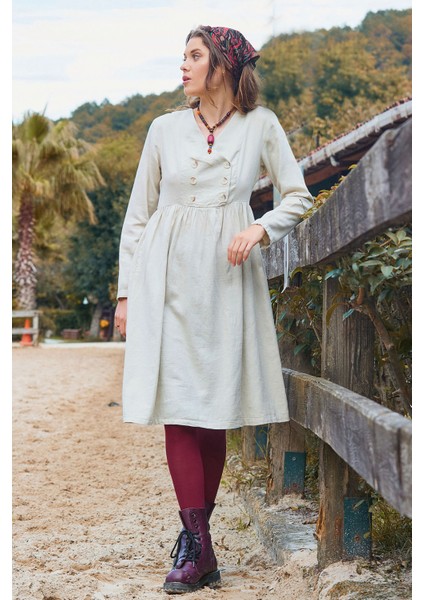 V Yaka Düğme Detaylı Fermuar Kapamalı Uzun Kollu Elbise modelleri