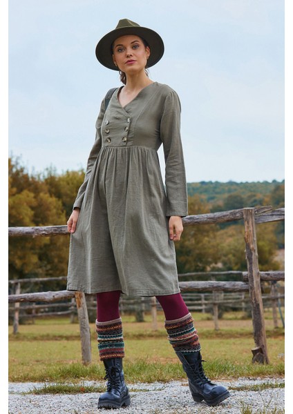 V Yaka Düğme Detaylı Fermuar Kapamalı Uzun Kollu Elbise fiyatları