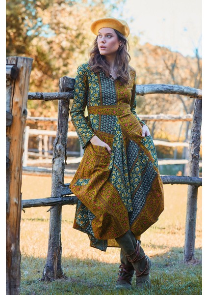 Asimetrik V Yaka Beli Bağlamalı Uzun Kollu Elbise fiyatları