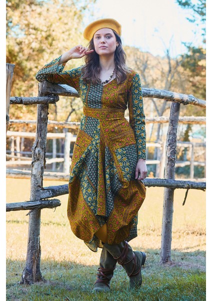 Asimetrik V Yaka Beli Bağlamalı Uzun Kollu Elbise modelleri