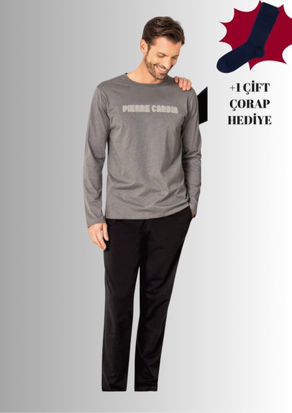 %100 Pamuklu Bisiklet Yaka Uzun Kol Düz Paça Pijama Takımı (Çorap Hediyeli)