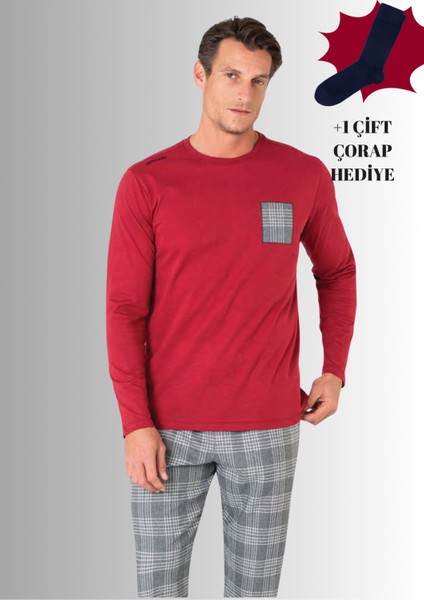 %100 Pamuklu Bisiklet Yaka Uzun Kol Düz Paça Pijama Takımı (Çorap Hediyeli)