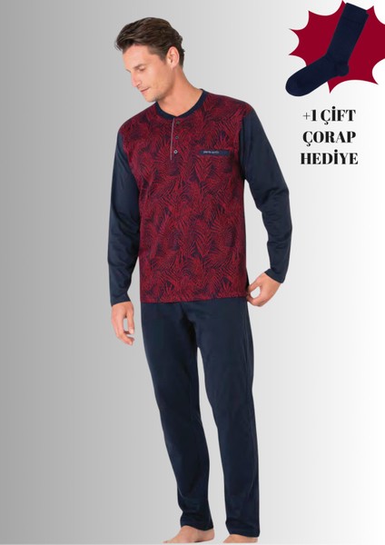 %100 Pamuklu Yarım Patlı Uzun Kol Düz Paça Jakarlı Pijama Takımı (Çorap Hediyeli)