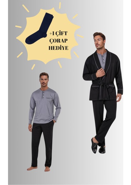 Robdöşambırlı Pijama Takımı 3'lü Kutulu Damat Çeyiz Seti (1 Çift Çorap Hediyeli) 6PQI7EKR1RKE6.4L