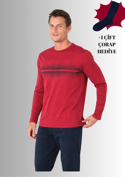 %100 Pamuklu Bisiklet Yaka Uzun Kol Düz Paça Pijama Takımı (Çorap Hediyeli)