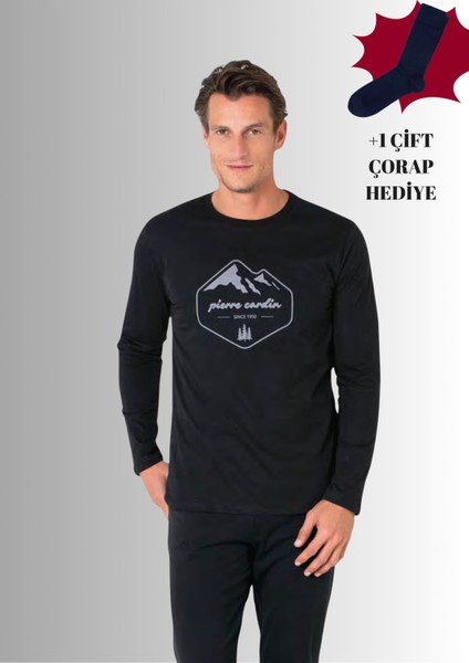 %100 Pamuklu Bisiklet Yaka Uzun Kol Düz Paça Pijama Takımı (Çorap Hediyeli)