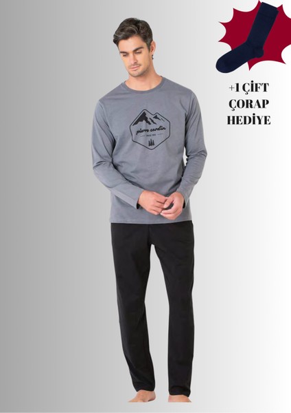 %100 Pamuklu Bisiklet Yaka Uzun Kol Düz Paça Pijama Takımı (Çorap Hediyeli)