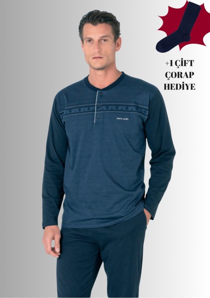 %100 Pamuklu Yarım Patlı Uzun Kol Düz Paça Jakarlı Pijama Takımı (Çorap Hediyeli)