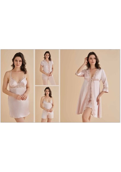 Kadın Pudra Gecelik&sabahlık&şortlu Takım&pijama Takımı 6'lı Saten Gelin Çeyizlik Set D.8qc.7h2.ks.1 modelleri
