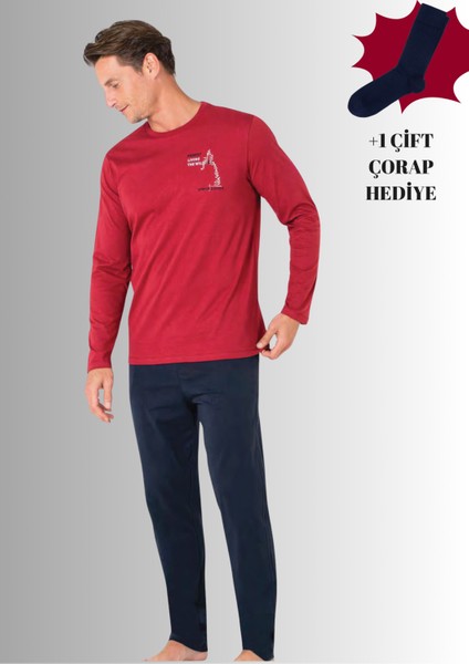 %100 Pamuklu Bisiklet Yaka Uzun Kol Düz Paça Pijama Takımı (Çorap Hediyeli)