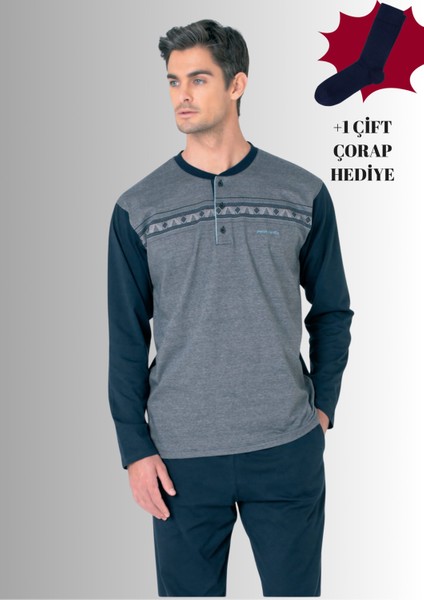 %100 Pamuklu Yarım Patlı Uzun Kol Düz Paça Jakarlı Pijama Takımı (Çorap Hediyeli)