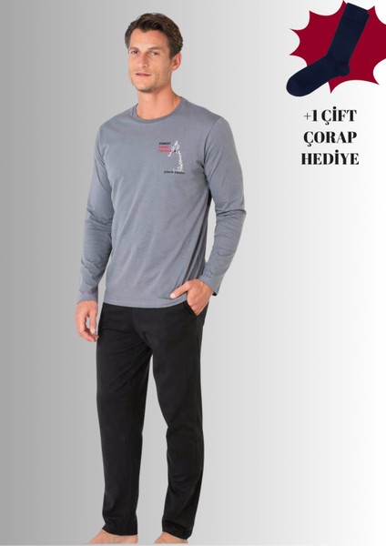 %100 Pamuklu Bisiklet Yaka Uzun Kol Düz Paça Pijama Takımı (Çorap Hediyeli)