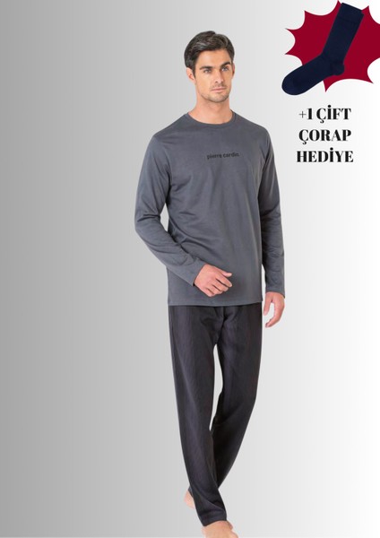%100 Pamuklu Bisiklet Yaka Uzun Kol Düz Paça Pijama Takımı (Çorap Hediyeli)