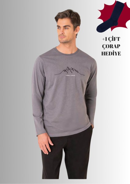 %100 Pamuklu Bisiklet Yaka Uzun Kol Düz Paça Pijama Takımı (Çorap Hediyeli)