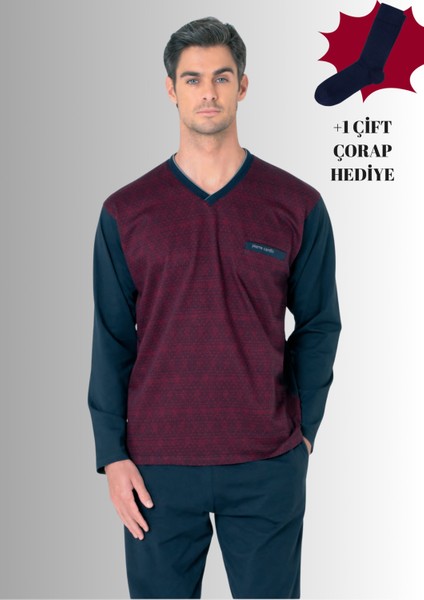%100 Pamuklu V Yaka Uzun Kol Düz Paça Jakarlı Pijama Takımı (Çorap Hediyeli)