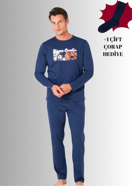 %100 Pamuklu Bisiklet Yaka Uzun Kol Düz Paça Pijama Takımı (Çorap Hediyeli)