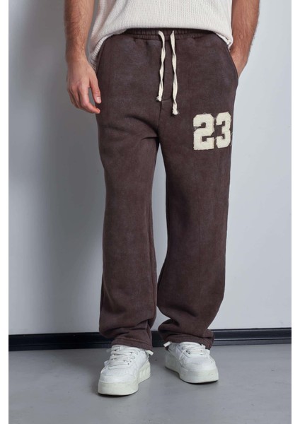 Erkek Baskılı Yıkamalı Baggy Fit Eşofman Kahverengi
