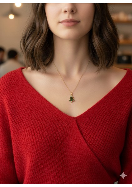 Fiora Kolye Yeni Yıl Çam Ağacı Uçlu Ayarlanabilir Kolye Gold Zincir Paslanmaz