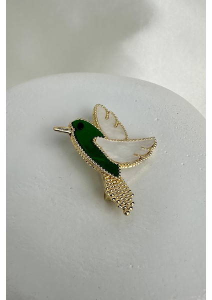 Atın Rengi Yeşil Beyaz Sedef Detay Kuş Broş (4cm)