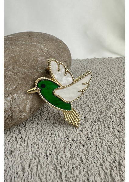 Atın Rengi Yeşil Beyaz Sedef Detay Kuş Broş (4cm) modelleri