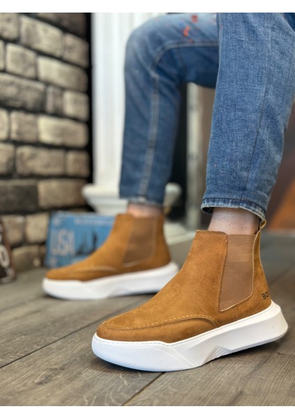 ET0150 Bağcıksız Erkek Taba Süet Beyaz Yüksek Taban Spor Bot fiyatları