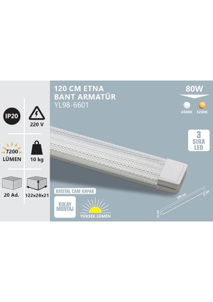 2'li 80W IP20 120 cm Etna Bant Armatür - Beyaz Işık modelleri