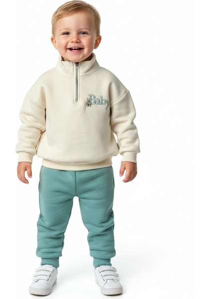 "baby" Nakışlı Fermuarlı Yaka Sweatshirt ve Turkuaz Eşofman Takımı