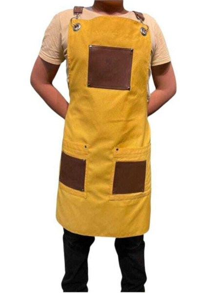 Boyundan Askılı Trend Sarı Renk Önlük Deri Detaylı Restoran Cafe Şef Önlükleri