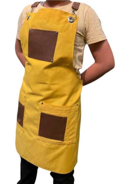 Boyundan Askılı Trend Sarı Renk Önlük Deri Detaylı Restoran Cafe Şef Önlükleri fiyatları