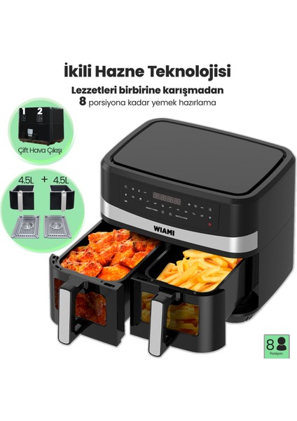 9l Çift Sepet Camlı Akıllı Yağsız Hava Fritözü Siyah fırsatları