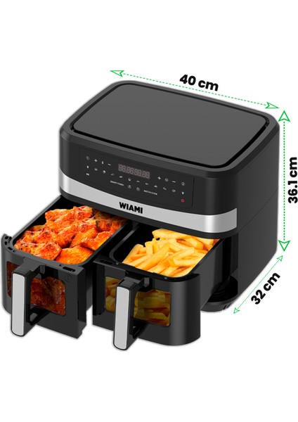 9l Çift Sepet Camlı Akıllı Yağsız Hava Fritözü Siyah