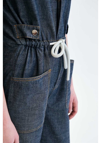 Slim Fit Çıtçıtlı Kordonlu Koyu Indigo Chambray Kadın Tulum indirimleri