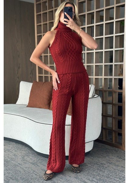 Bordo Kolsuz Bluz Pantolon Takım - 3009