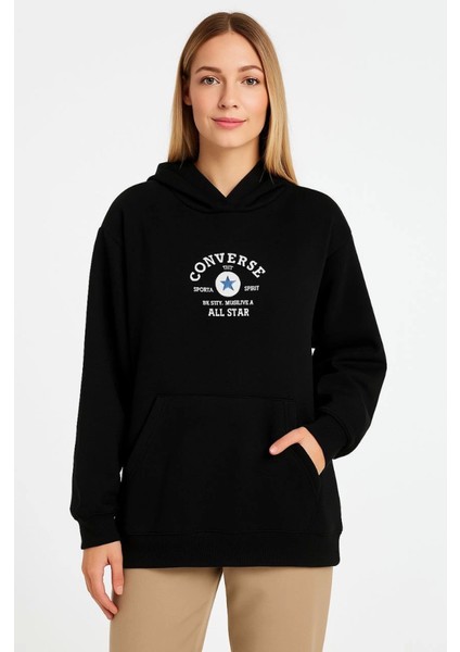 Üç Iplik Kapşonlu Ön ve Arka Baskılı Sweatshirt Hoodie- Siyah fiyatları