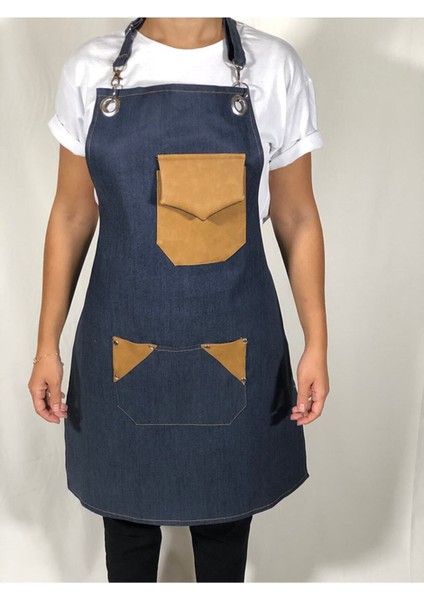 Jean Mutfak Önlük Deri Cep Detaylı Şef Önlük Kuaför Restoran Garson Kot Önlük